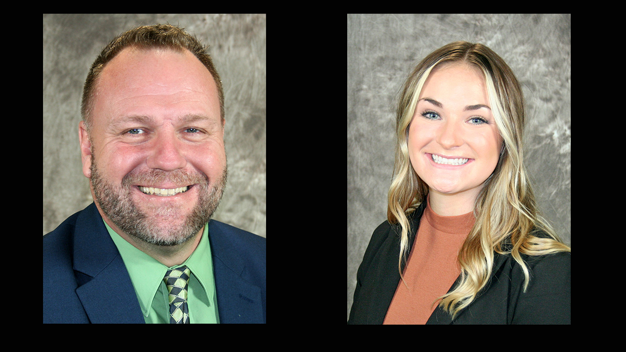 A pair of headshots on a black background. On the left is Steve Myszak wearing a green shirt, blue suit jacket and patterned tie. On the right is Maggie Rose wearing a brown sweater with black suit jacket.