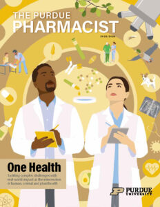 Decorative image of the front cover of the Purdue Pharmacist magazine. Illustration of a male in a white coat and a female in a white coat looking at various medical emblems as an abstract representation of One Health.