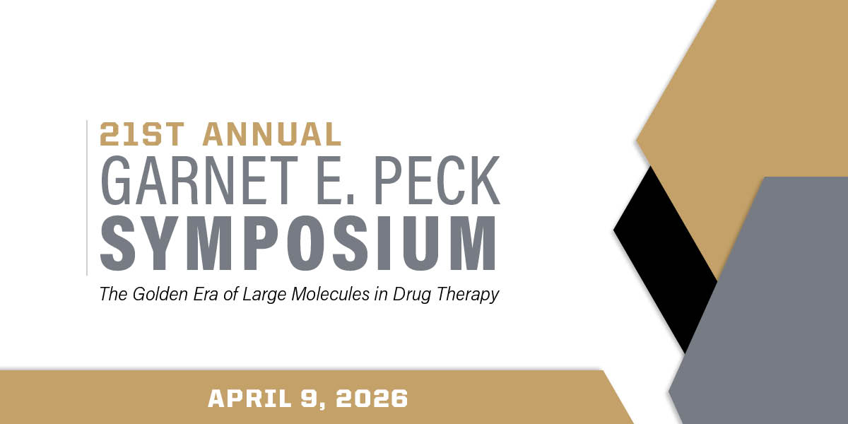 Decorative graphic with black, gold, and gray geometric shapes. Text on a white background reads, " 21st Annual Garnet E. Peck Symposium."