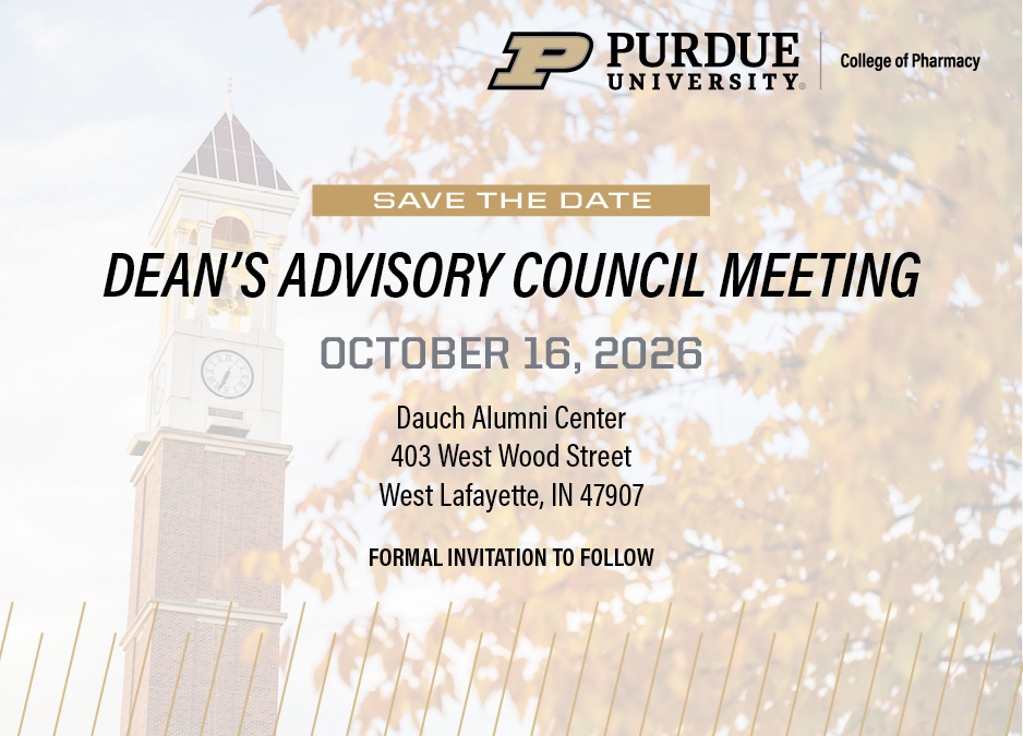 Graphic that reads "Save the date, Dean's Advisory Council Meeting." The background is a desaturated image of the Purdue Bell Tower and yellow leaves on a Maple tree in fall.