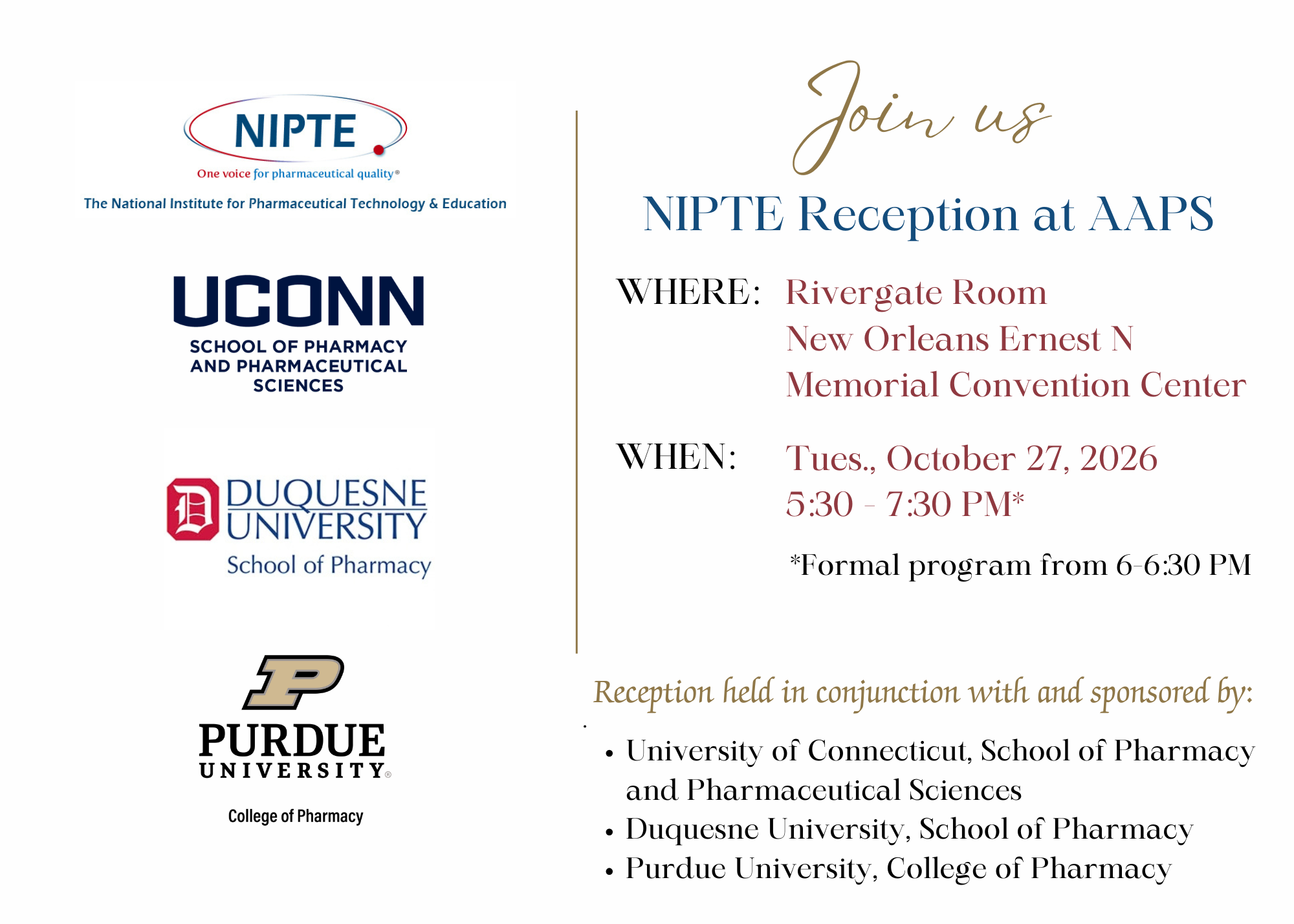 Invitation to the NIPTE reception at AAPS.