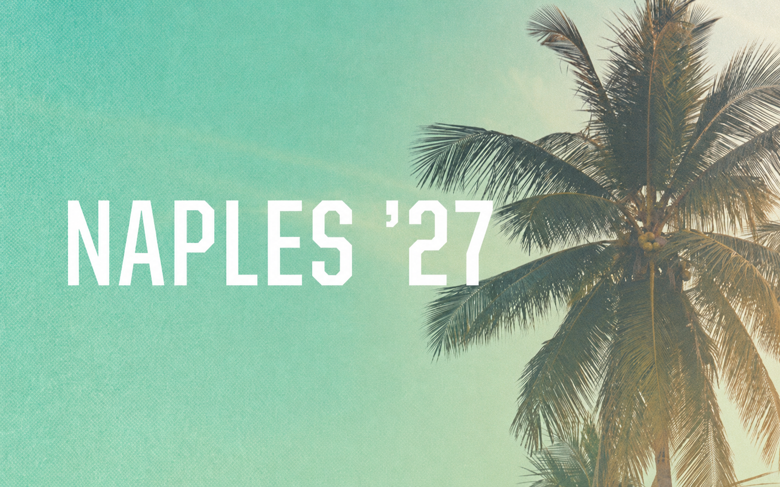 Palm fronds on a tree under a sea green sky. White text across it reads "NAPLES '27."